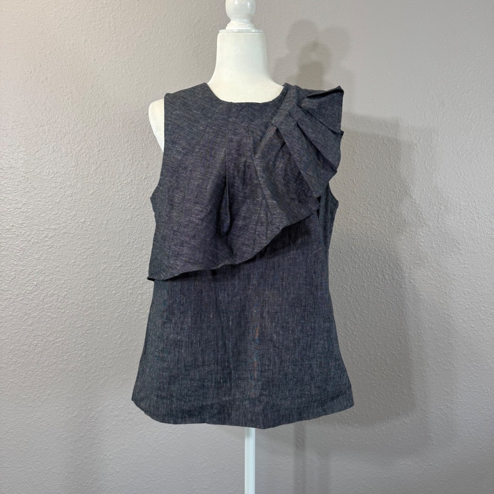 Banana Republic Women's Size 14 Blue Sleeveless Ruffle Linen Cotton Top
